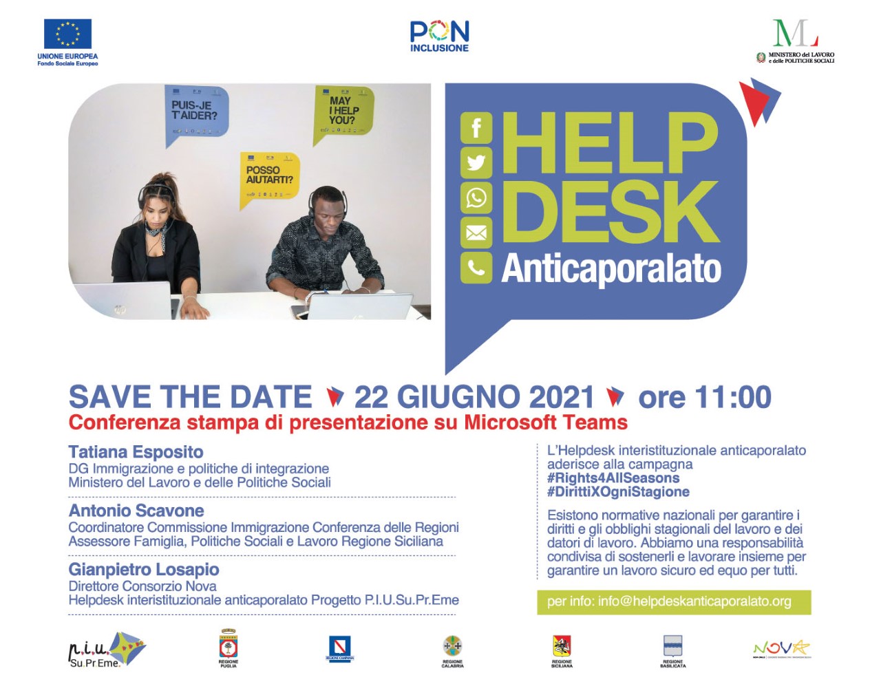 Attivo il primo Helpdesk interistituzionale Anticaporalato, il 22 giugno la presentazione