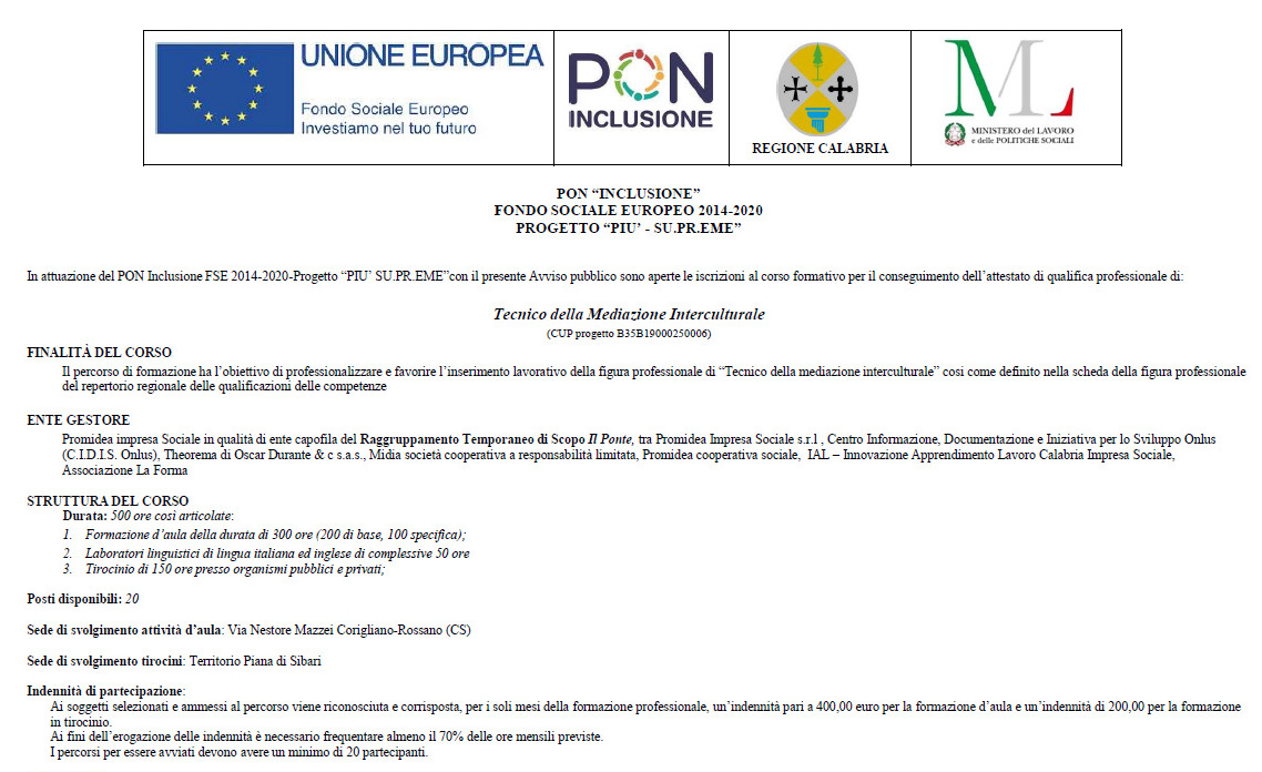Corso formativo per Tecnico della Mediazione Interculturale